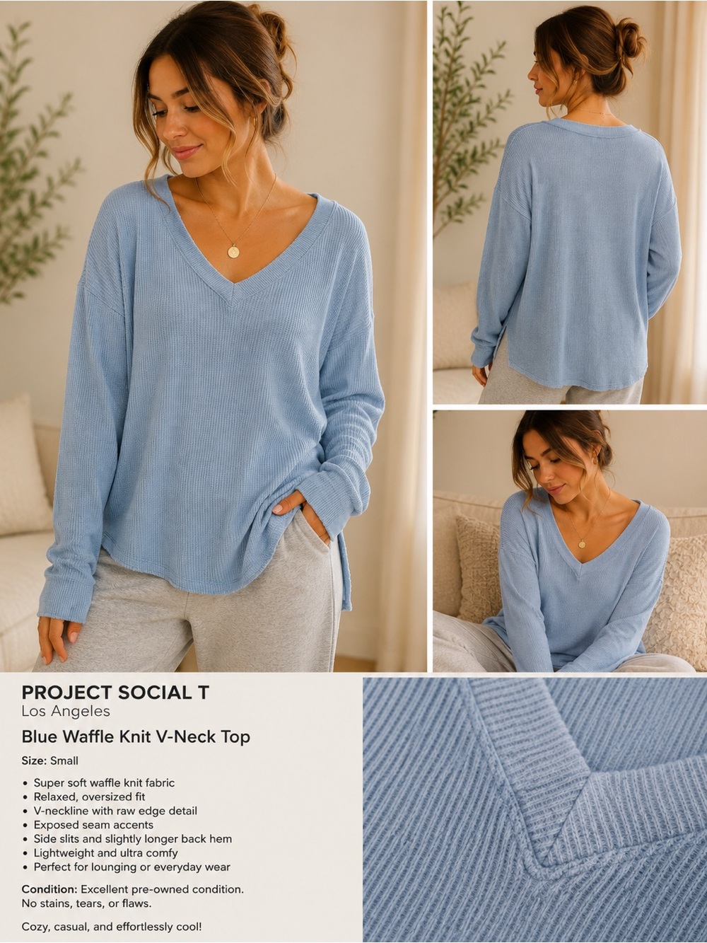 Project Social T Los Angeles Blue Waffle Knit Oversized V-Neck Top Small